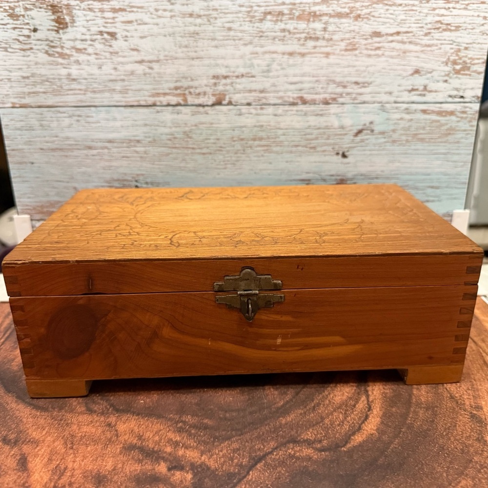 Vintage Handcrafted Wooden Jewelry Box with Brass Clasp Dovetail Corners Brown